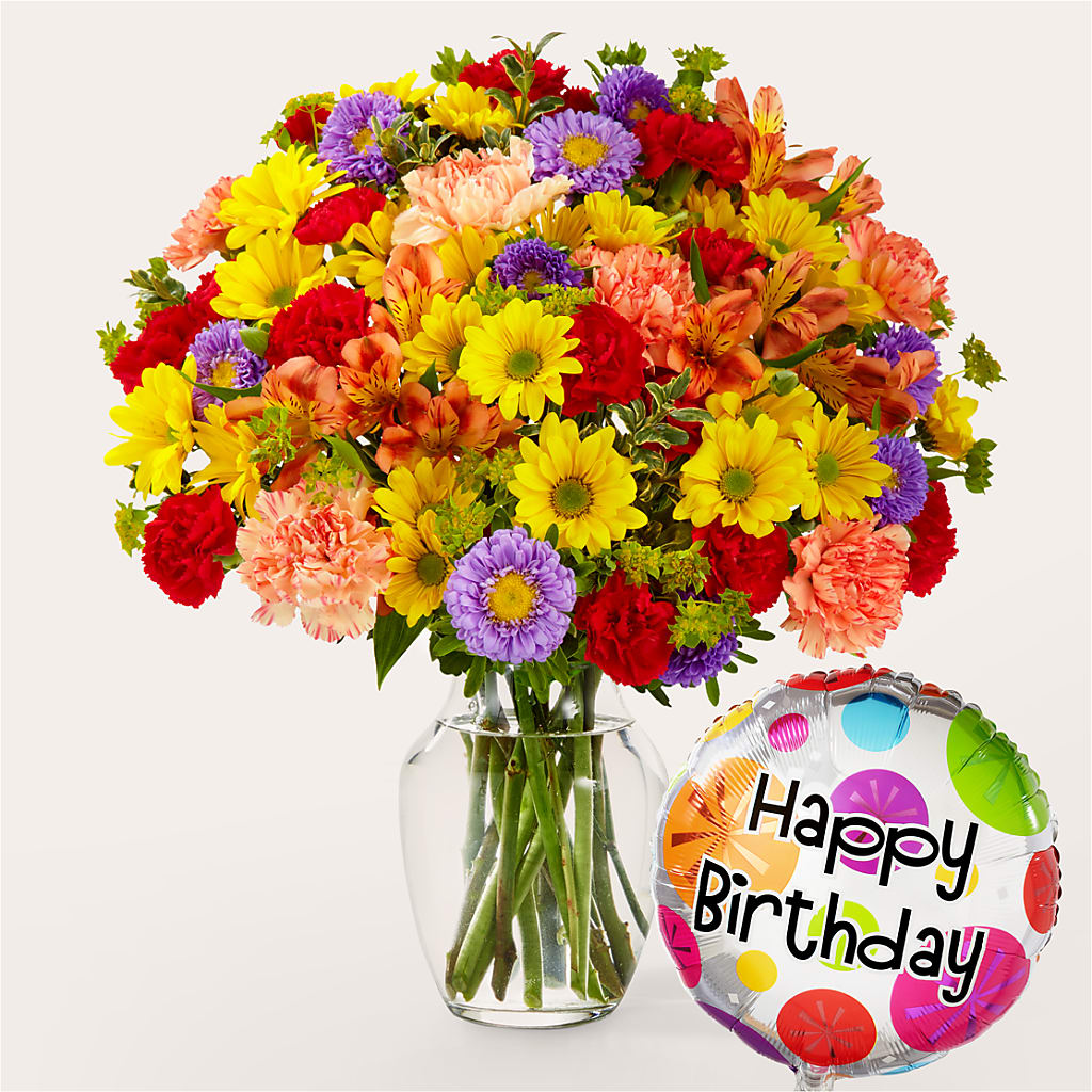 Kaleidoscope Bouquet with Birthday Balloon – Greater Wichita Flower Shop, Wichita KS