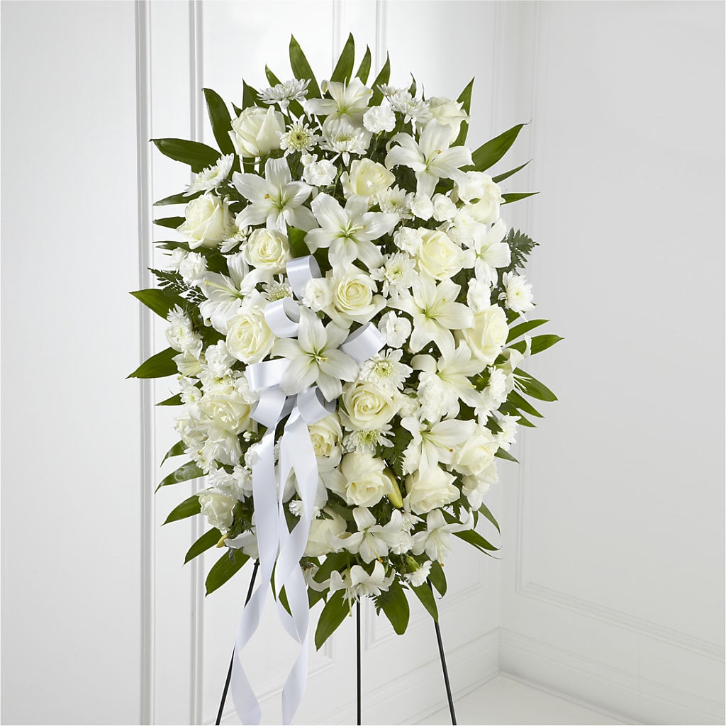 Exquisite Tribute Standing Spray-White Ribbon – Greater Wichita Flower Shop, Wichita KS