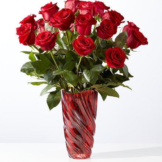 Bouquet classique de roses rouges Amour avec vase Luxe Swirl